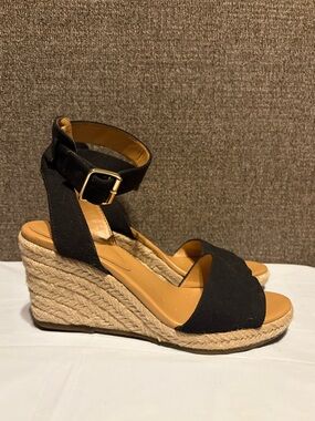 J.Crew Women’s Black Espadrille Wedge Sandals Sz 7 Black Ankle Strap Canvas Jute